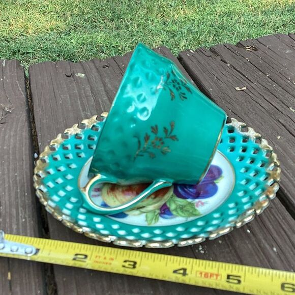 Royal Halsey Very Fine Tea Cup and Saucer Set Fruit Motif Turquoise Gold Trim - Picture 7 of 7